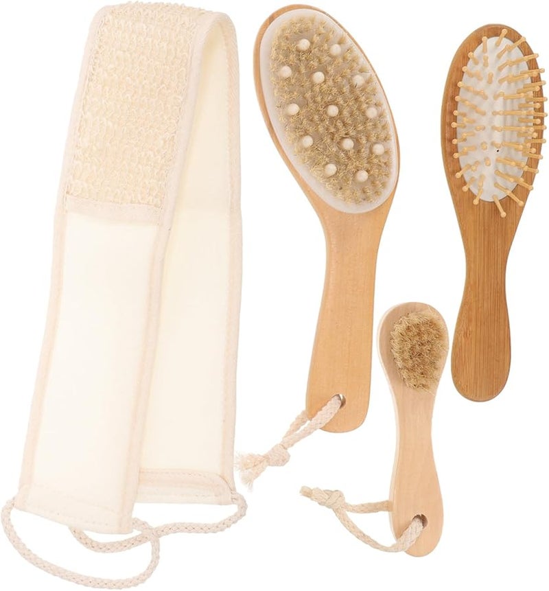 Double Sided Bathing Brush Set 4Pcs with Cotton Linen Back Scrubber for Exfoliating Body Cleaning - Image 1